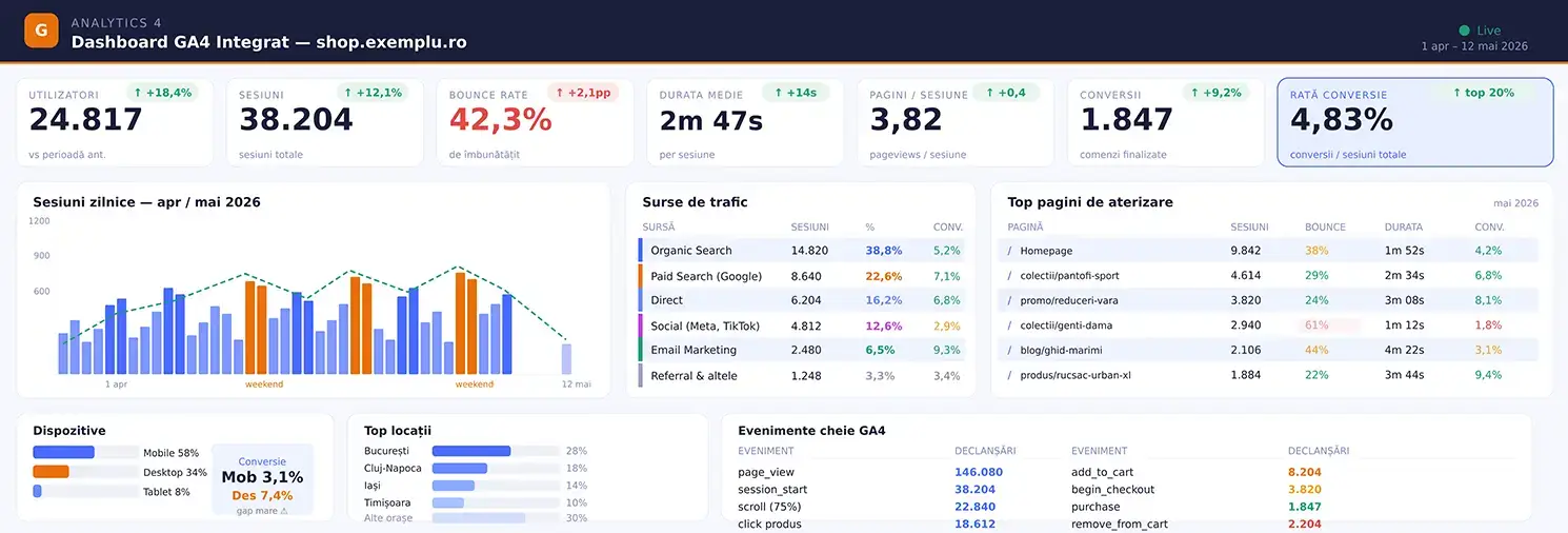 Dashboard GA4 integrat — vizitatori, sesiuni, surse de trafic și pagini de aterizare