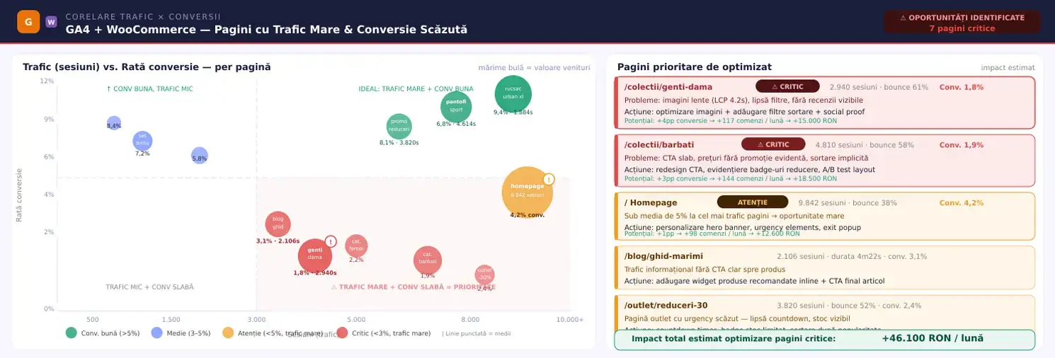 Diagramă corelare trafic GA4 + conversii WooCommerce — pagini cu trafic mare și conversie scăzută marcate