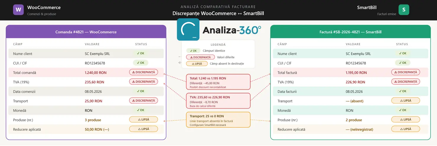 Tabel reconciliere automată: comenzi WooCommerce ↔ facturi SmartBill, discrepanțe evidențiate
